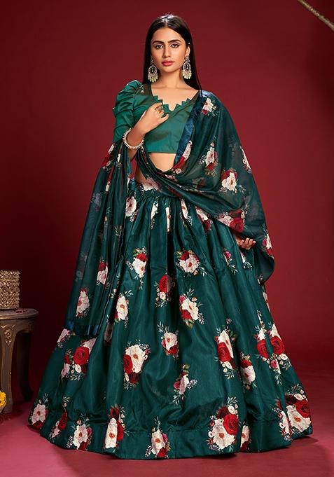 Multicolor Printed Banglory Silk Lehenga Set