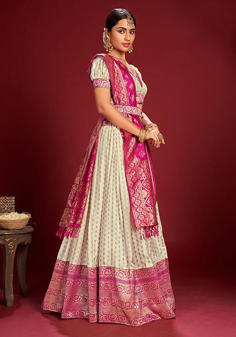 White Zari Embroidered Jacquard Silk Lehenga Set
