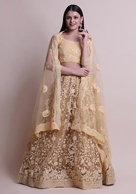 Cream Embroidered Net Lehenga Set