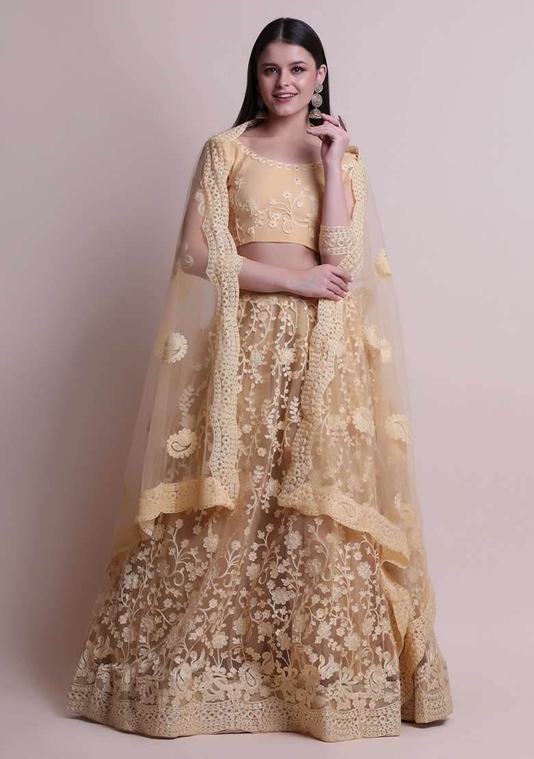 Cream Embroidered Net Lehenga Set for Diwali and Festive Wear - Indya