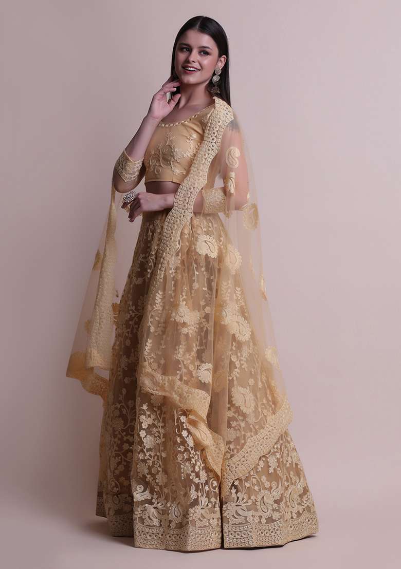 Cream Embroidered Net Lehenga Set for Diwali and Festive Wear - Indya