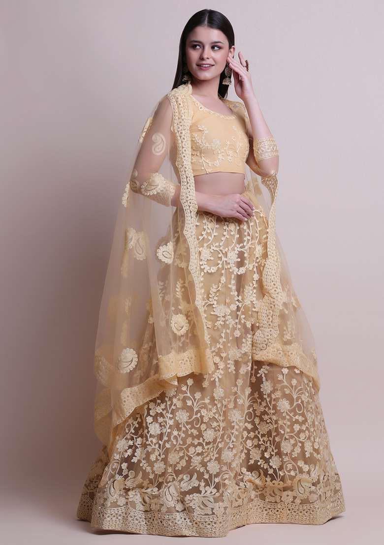 Cream Embroidered Net Lehenga Set for Diwali and Festive Wear - Indya