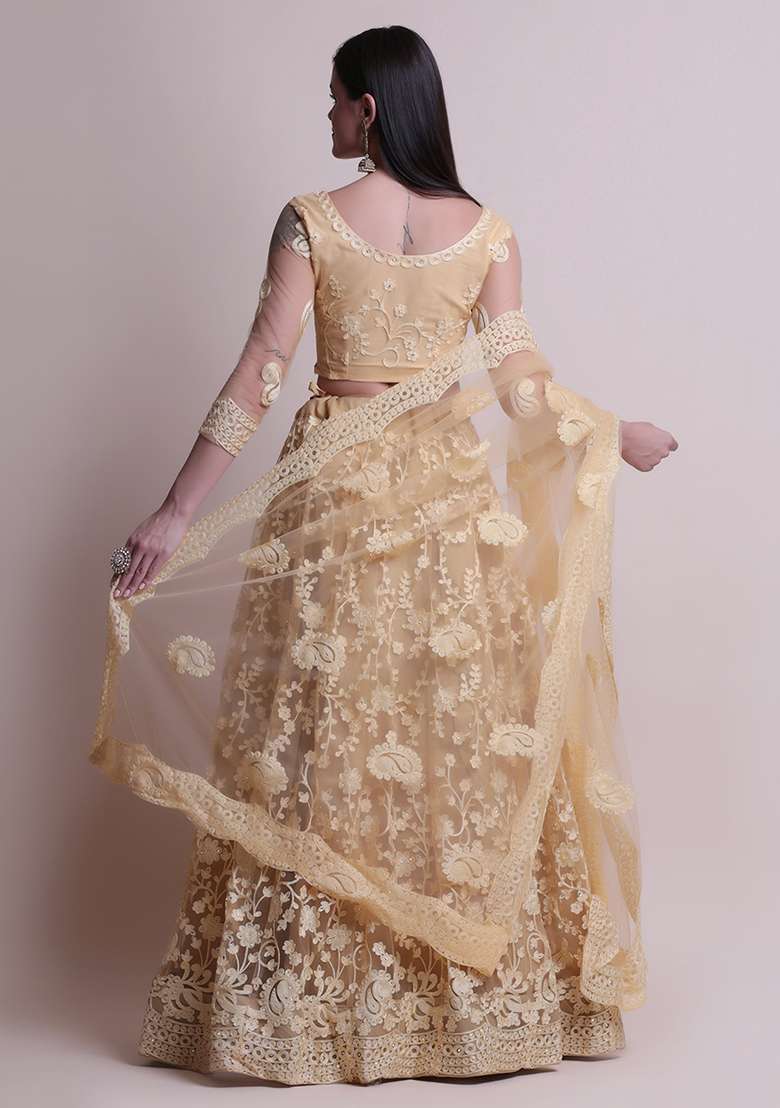 Cream Embroidered Net Lehenga Set for Diwali and Festive Wear - Indya