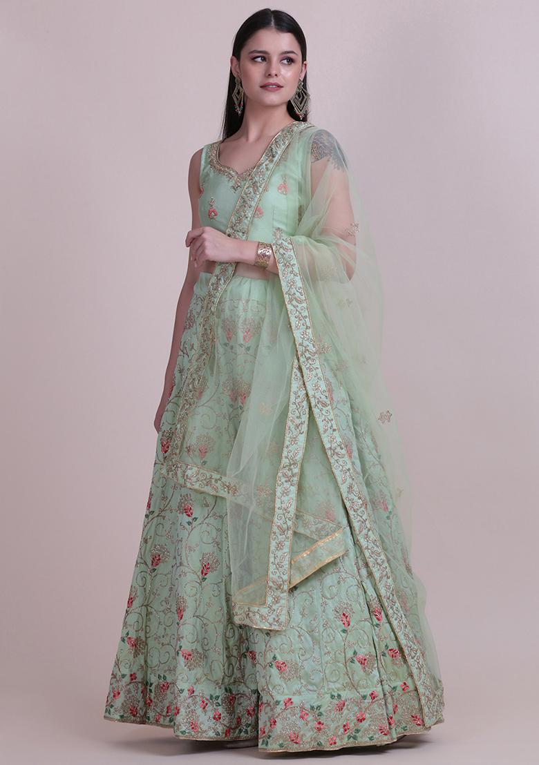 Light Green Embroidered Silk Lehenga Set