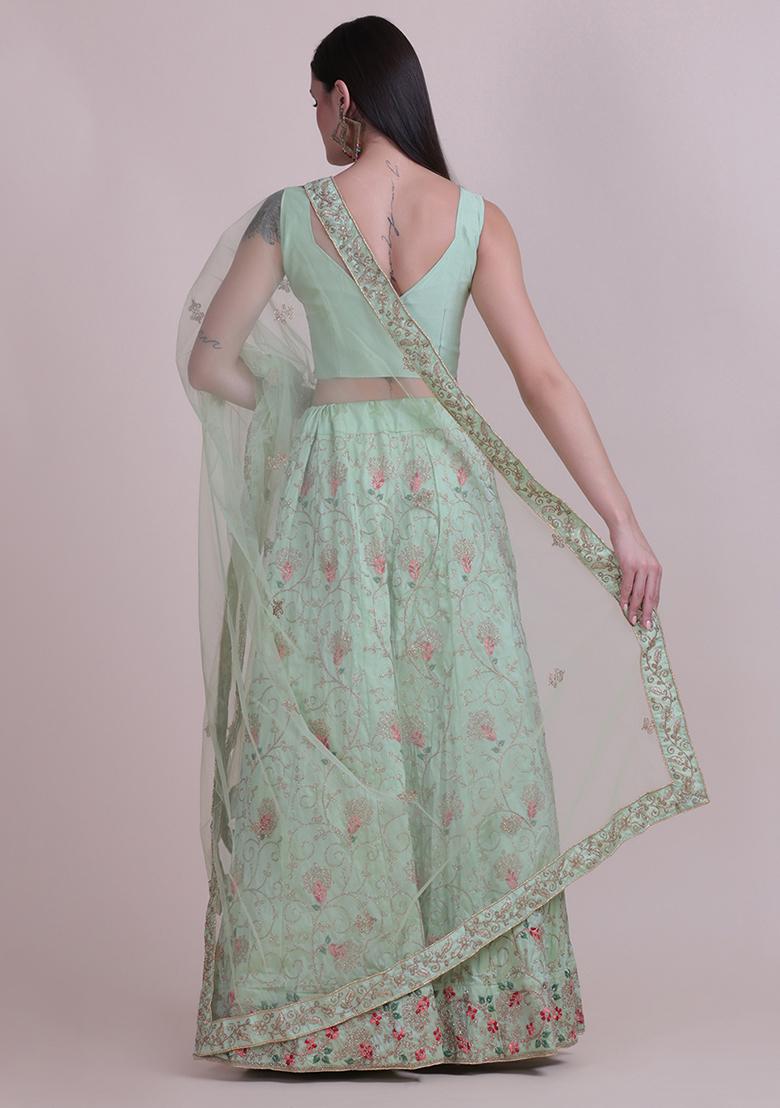 Light Green Embroidered Silk Lehenga Set
