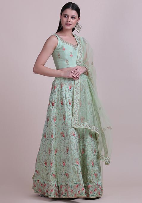 Light Green Embroidered Silk Lehenga Set