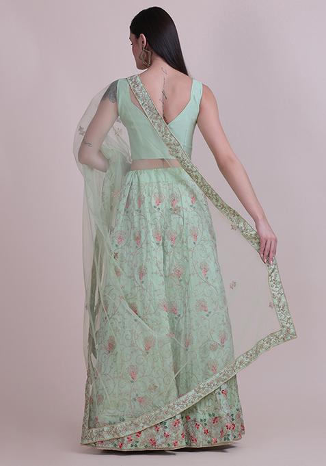 Light Green Embroidered Silk Lehenga Set
