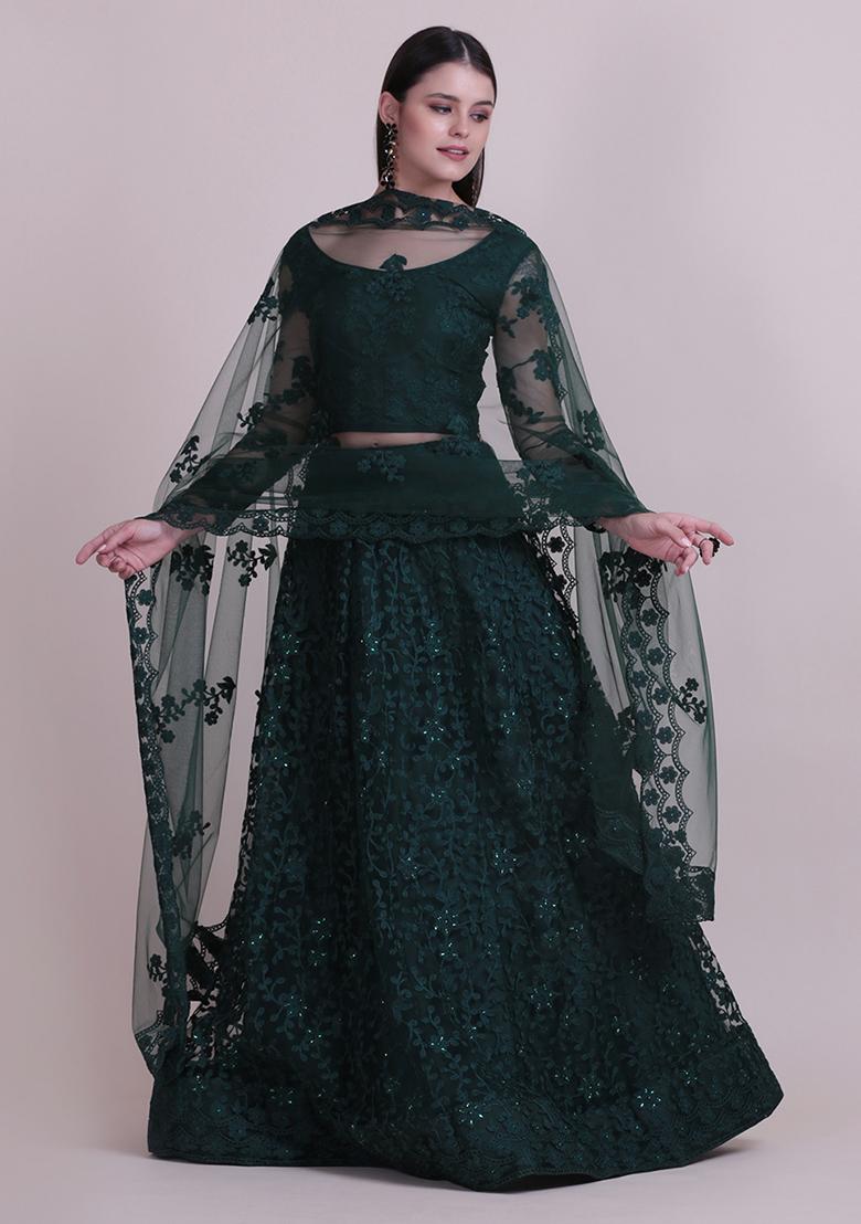 Dark Green Embroidered Net Lehenga Set