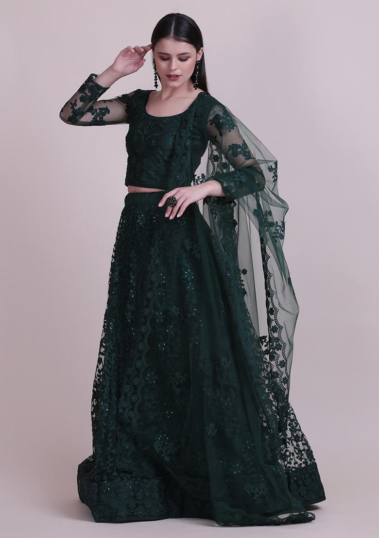 Dark Green Embroidered Net Lehenga Set