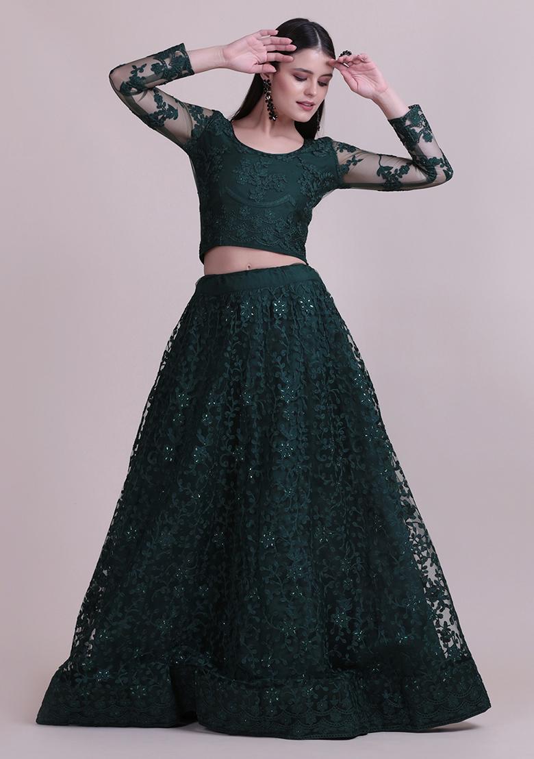 Dark Green Embroidered Net Lehenga Set