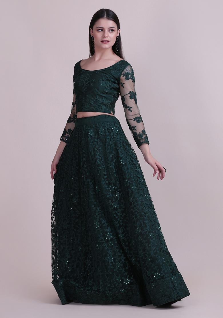 Dark Green Embroidered Net Lehenga Set