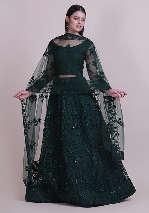 Dark Green Embroidered Net Lehenga Set