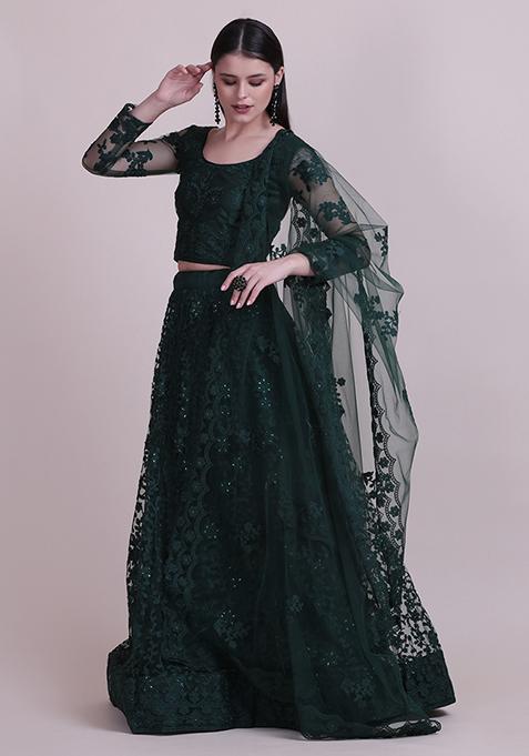 Dark Green Embroidered Net Lehenga Set