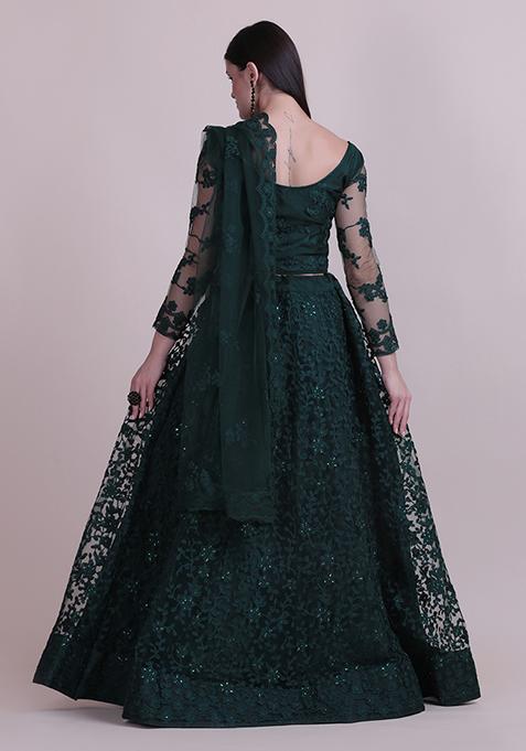 Dark Green Embroidered Net Lehenga Set