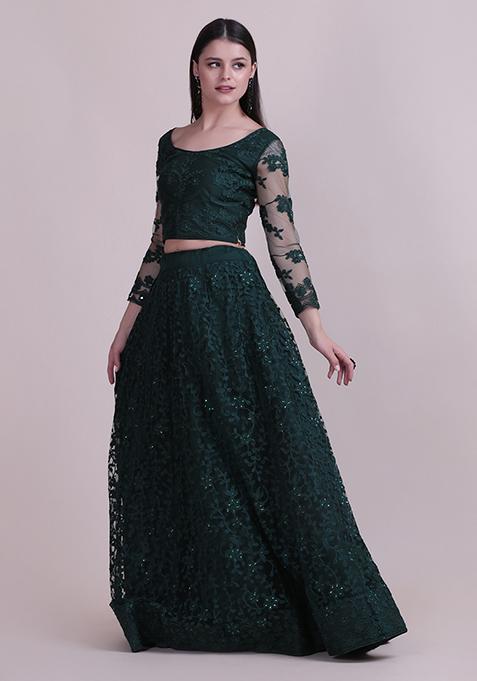 Dark Green Embroidered Net Lehenga Set