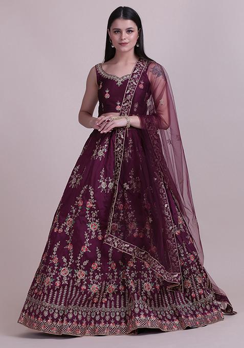 Purple Embroidered Taffeta Silk Lehenga Set