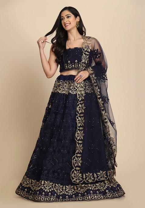 Blue Stone Embroidered Net Lehenga Set