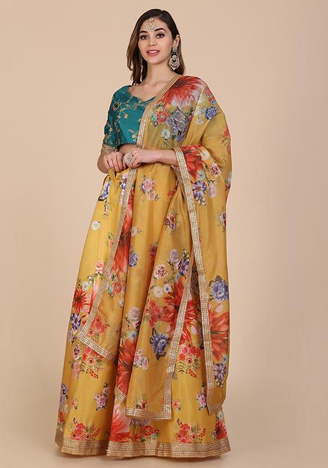 Yellow Embroidered Banglory Silk Lehenga Set