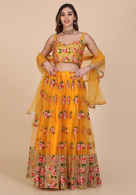 Yellow Embroidered Net Lehenga Set