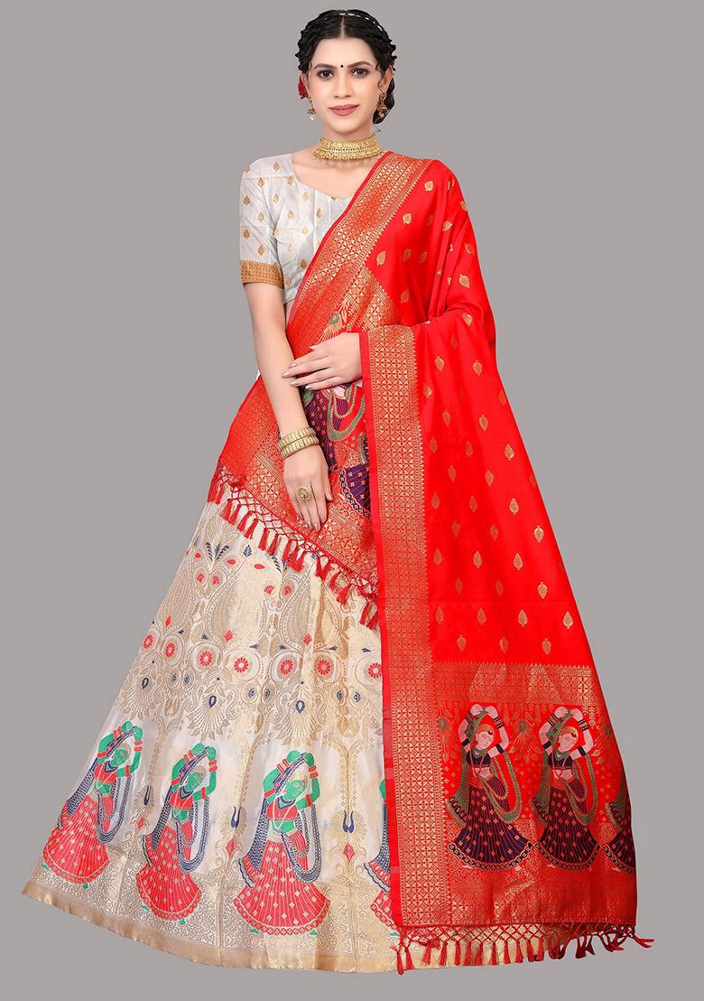 White Zari Embroidered Jacquard Silk Lehenga Set