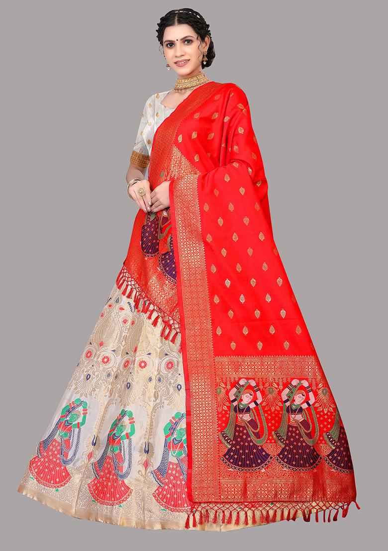 White Zari Embroidered Jacquard Silk Lehenga Set