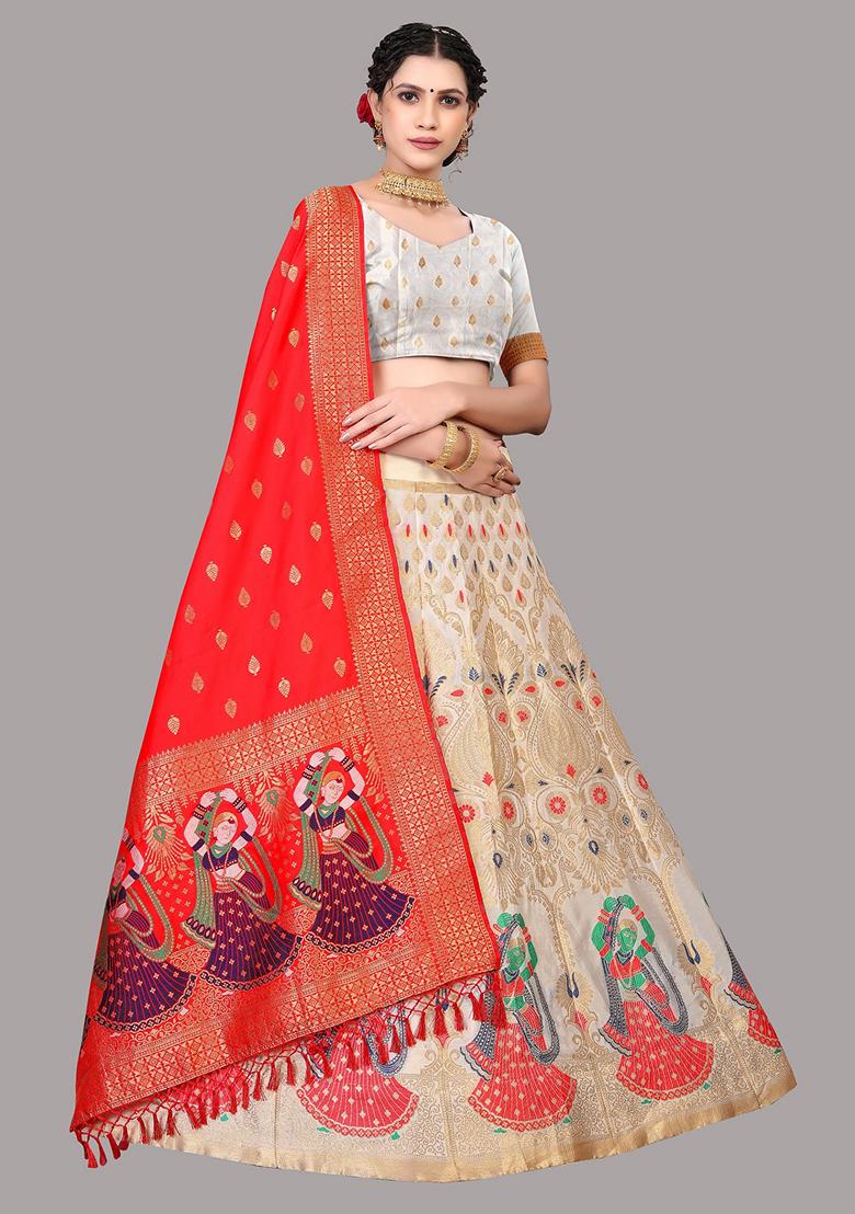 White Zari Embroidered Jacquard Silk Lehenga Set