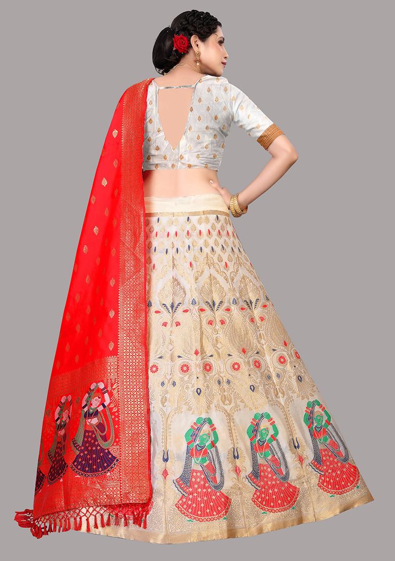 White Zari Embroidered Jacquard Silk Lehenga Set