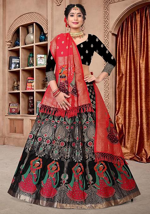 Black Zari Embroidered Jacquard Lehenga Set