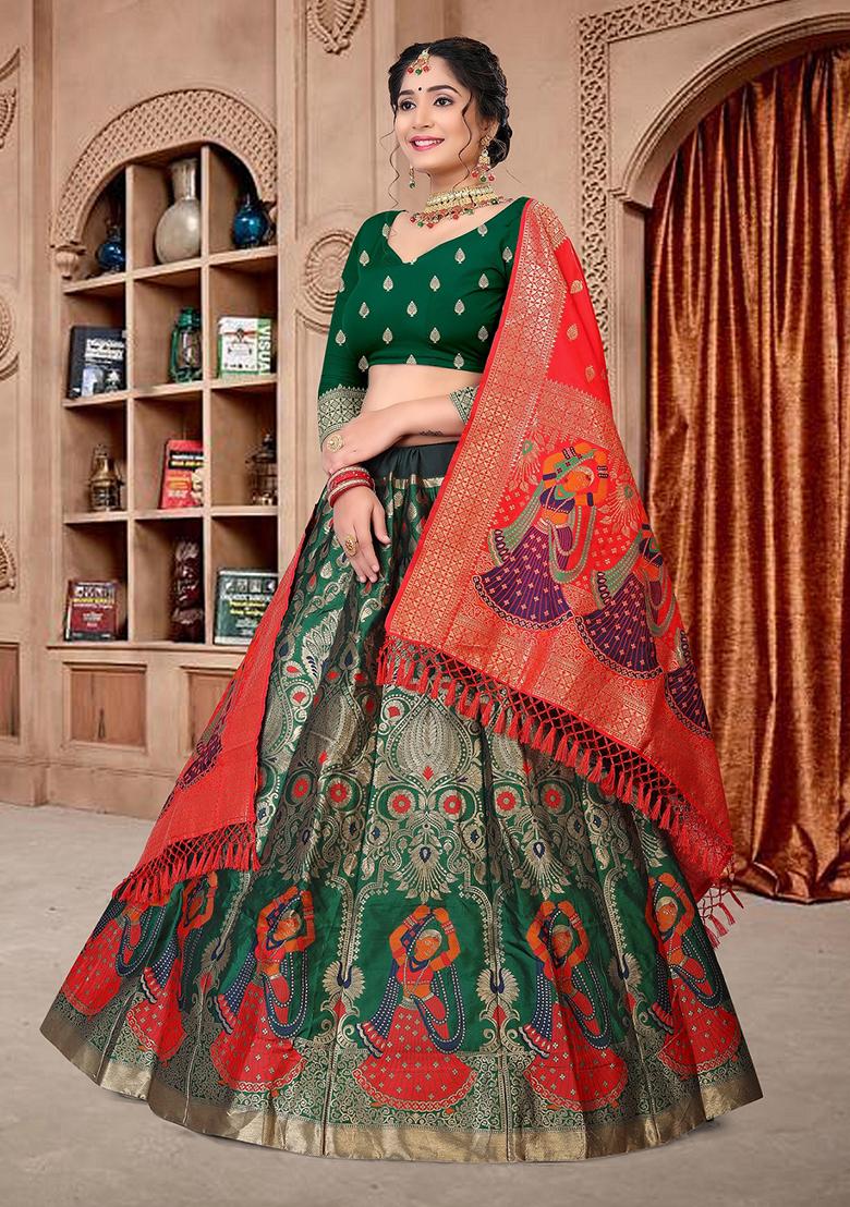 Green Zari Embroidered Jacquard Silk Lehenga Set
