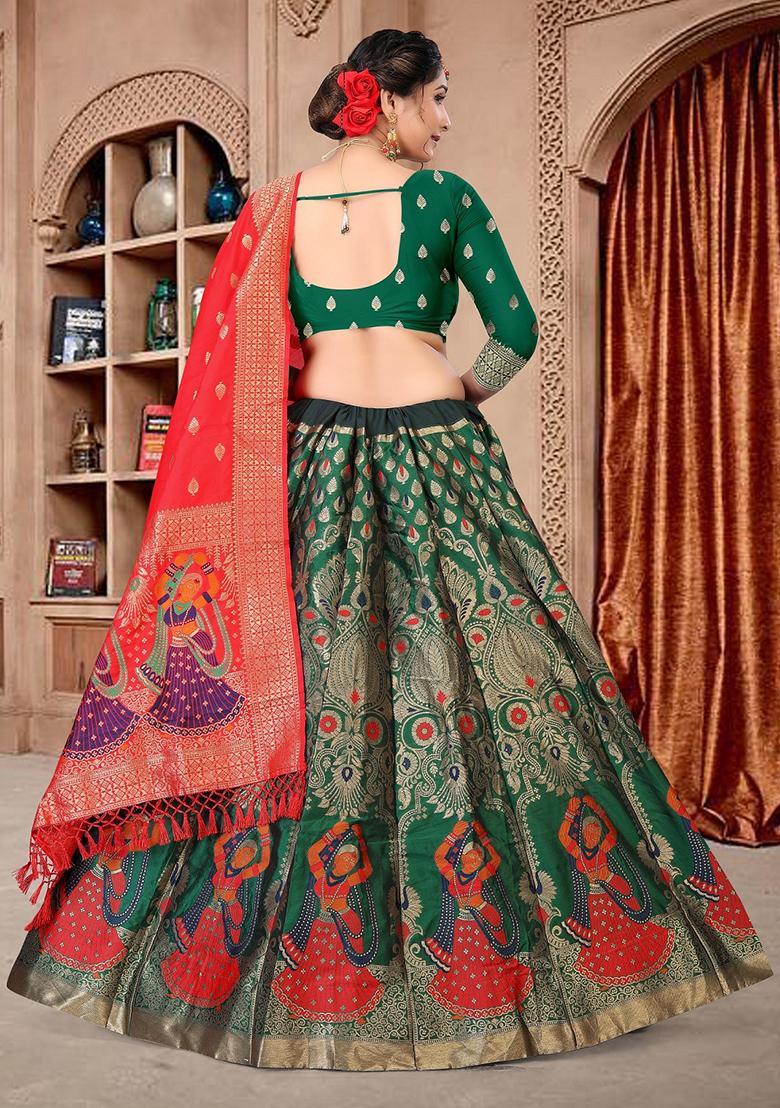 Green Zari Embroidered Jacquard Silk Lehenga Set