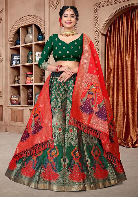 Green Zari Embroidered Jacquard Silk Lehenga Set