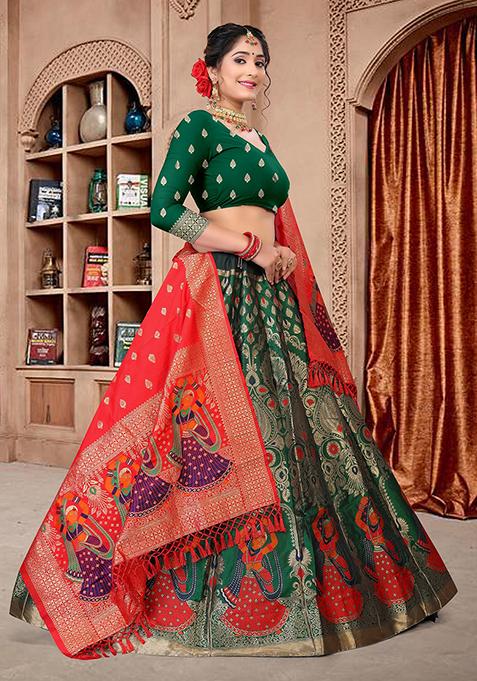 Green Zari Embroidered Jacquard Silk Lehenga Set