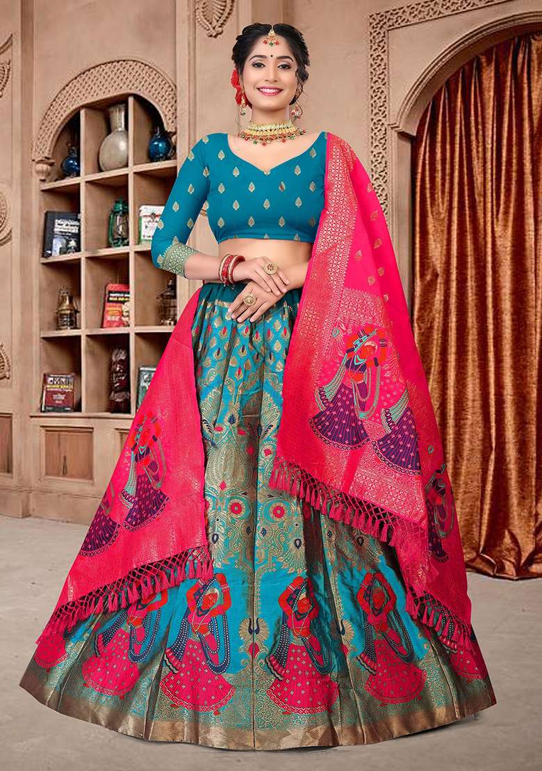 Sky Blue Zari Embroidered Jacquard Silk Blend Lehenga Set for Diwali and Festive Wear - Indya