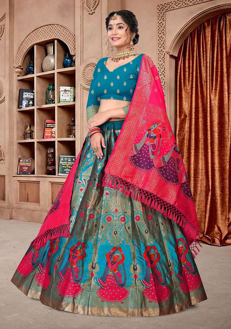 Sky Blue Zari Embroidered Jacquard Silk Blend Lehenga Set for Diwali and Festive Wear - Indya