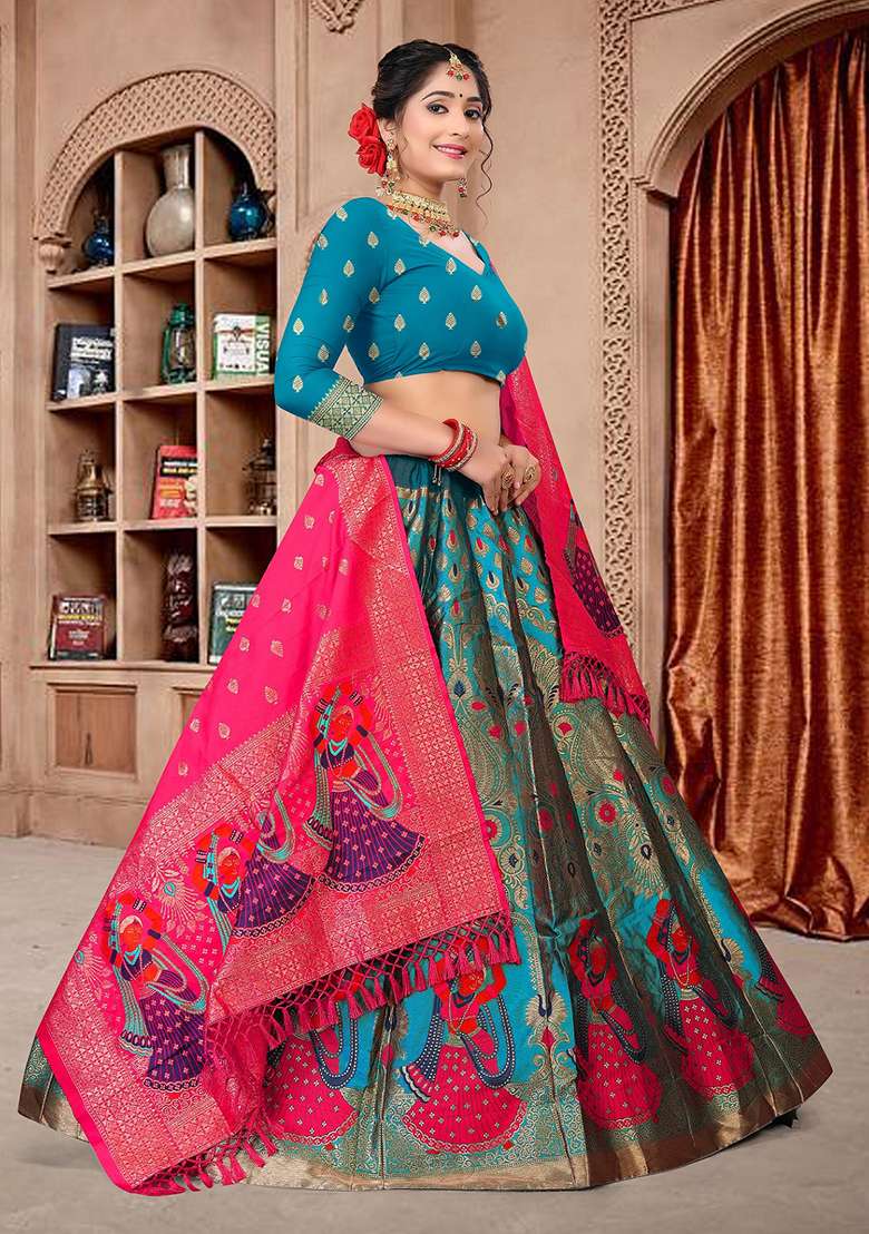 Sky Blue Zari Embroidered Jacquard Silk Blend Lehenga Set for Diwali and Festive Wear - Indya
