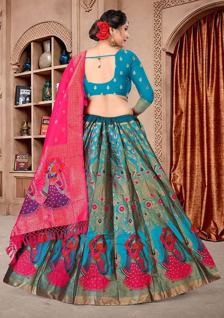 Sky Blue Zari Embroidered Jacquard Silk Blend Lehenga Set for Diwali and Festive Wear - Indya