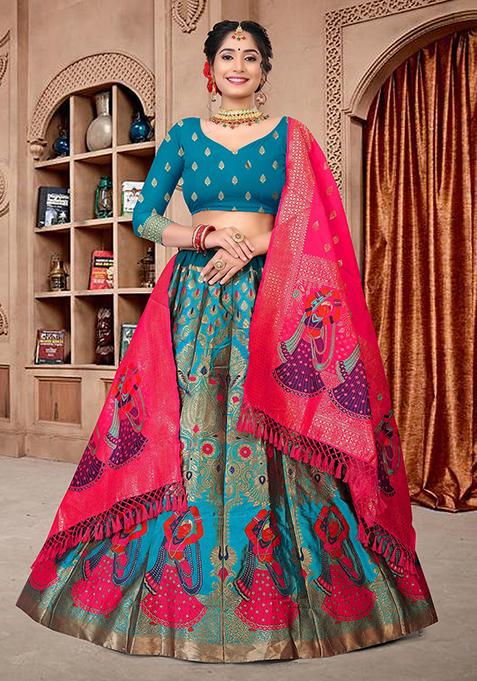 Sky Blue Zari Embroidered Jacquard Silk Lehenga Set