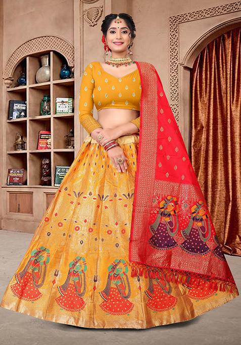 Yellow Zari Embroidered Jacquard Silk Lehenga Set