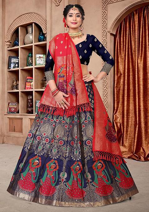 Black Zari Embroidered Jacquard Silk Lehenga Set