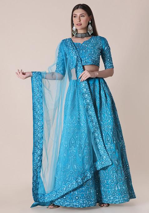 Sea Green Embroidered Silk Lehenga Set