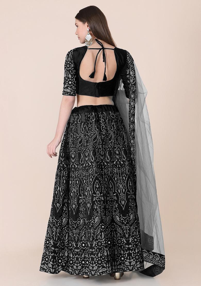 Black Embroidered Silk Lehenga Set