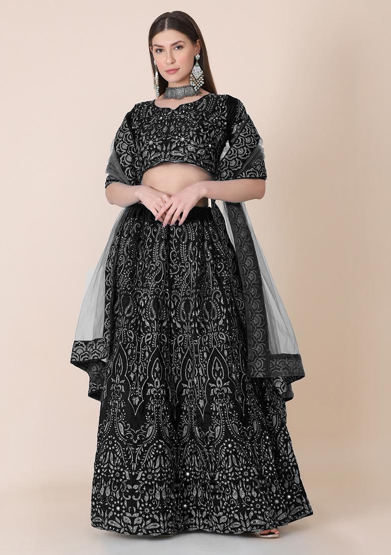 Black Embroidered Silk Lehenga Set