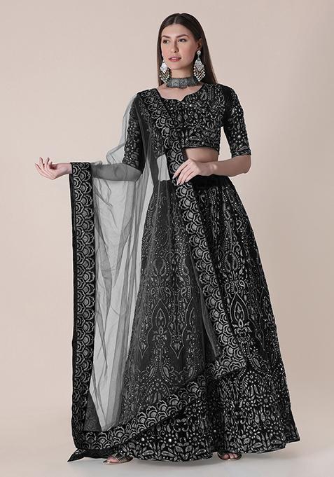 Black Embroidered Silk Lehenga Set