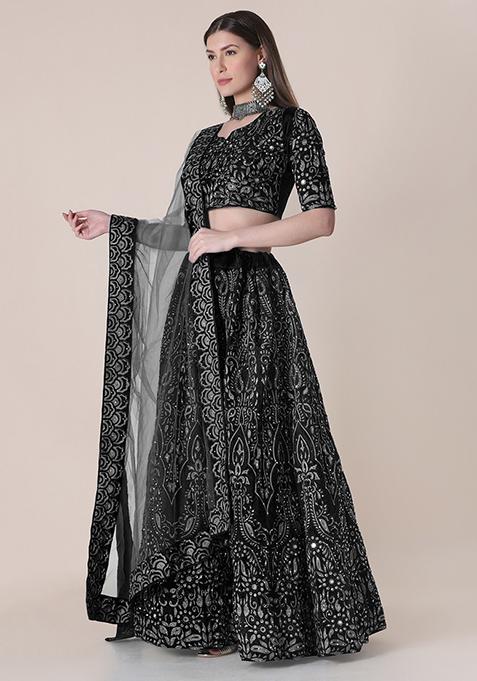 Black Embroidered Silk Lehenga Set
