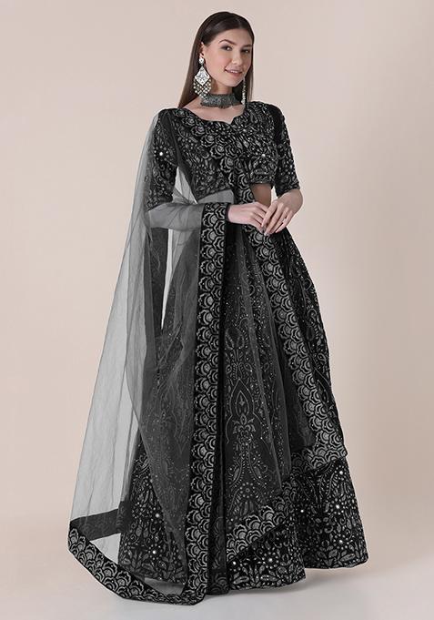 Black Embroidered Silk Lehenga Set
