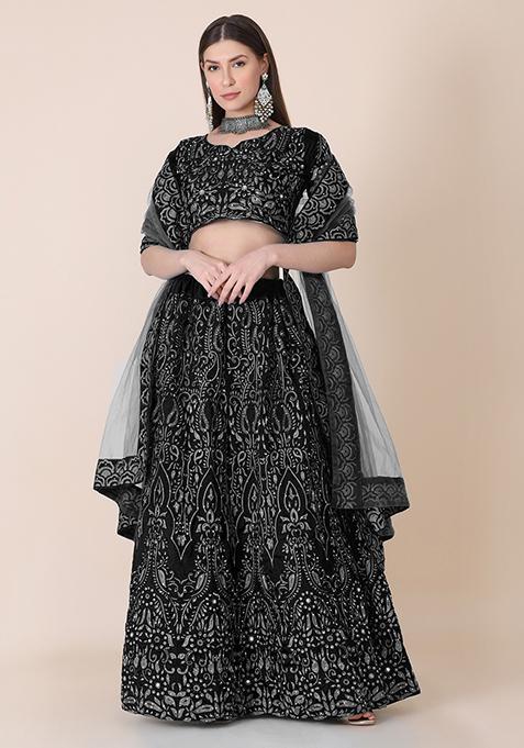 Black Embroidered Silk Lehenga Set