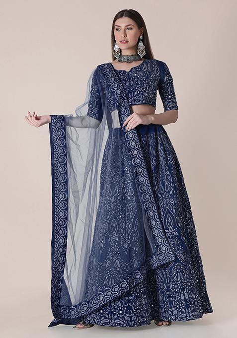 Blue Embroidered Silk Lehenga Set