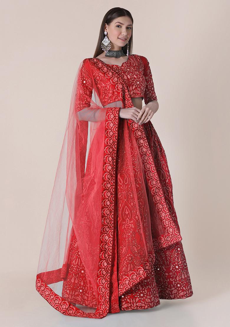 Red Embroidered Silk Lehenga Set