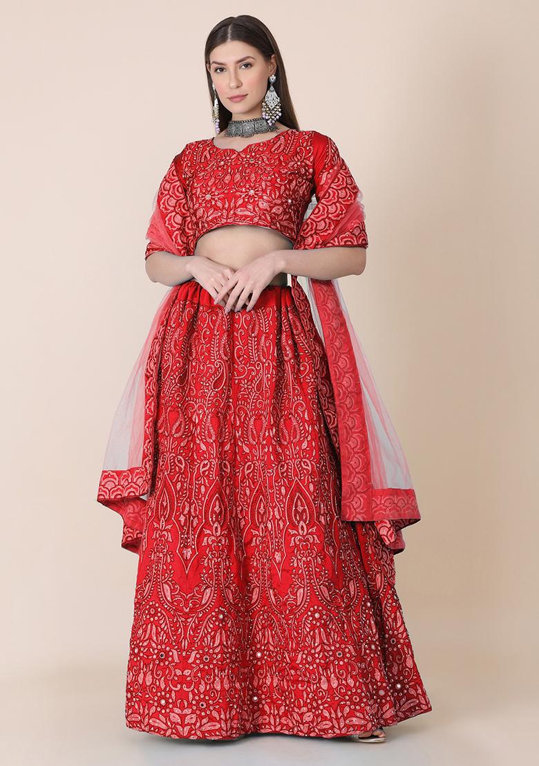 Red Embroidered Silk Lehenga Set