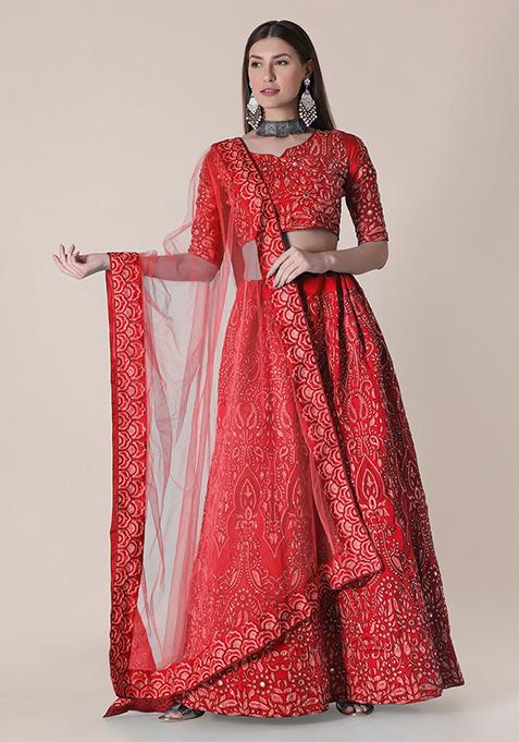 Red Embroidered Silk Lehenga Set